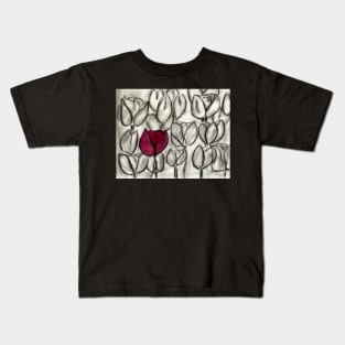 Red Tulip on Black and White Kids T-Shirt